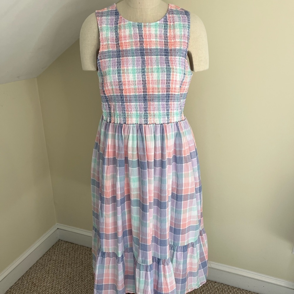 J. Crew Pastel Plaid Sleeveless MIDI Dress Smocked LG Spring Beach Cruise